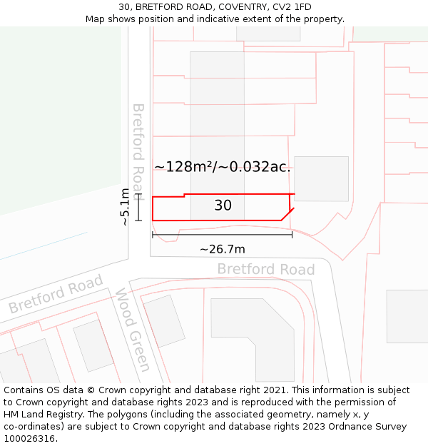 30, BRETFORD ROAD, COVENTRY, CV2 1FD: Plot and title map