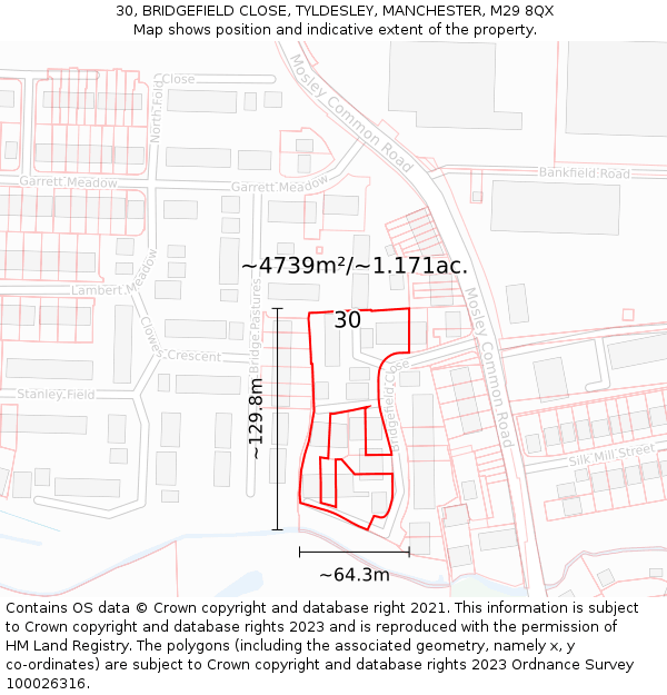 30, BRIDGEFIELD CLOSE, TYLDESLEY, MANCHESTER, M29 8QX: Plot and title map