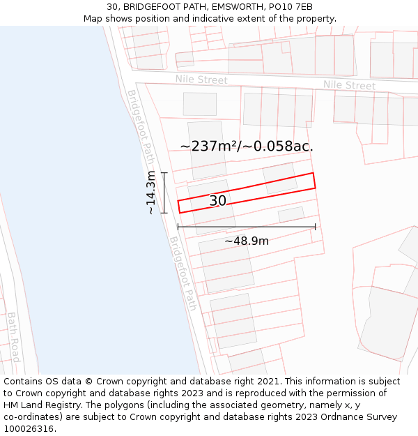30, BRIDGEFOOT PATH, EMSWORTH, PO10 7EB: Plot and title map