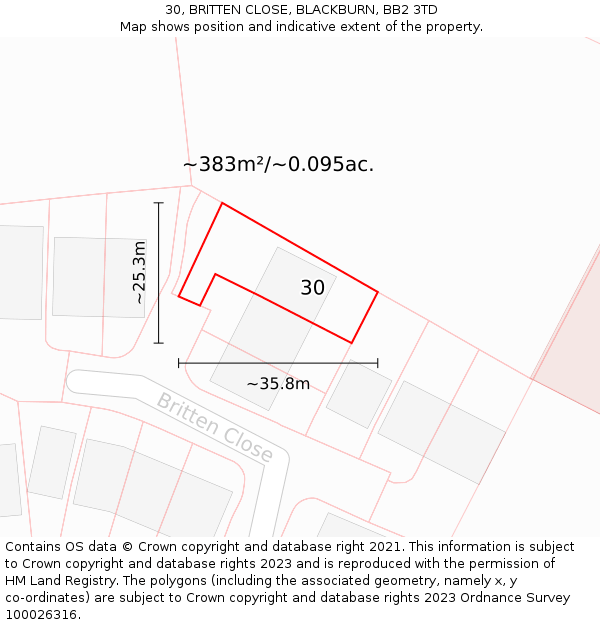 30, BRITTEN CLOSE, BLACKBURN, BB2 3TD: Plot and title map