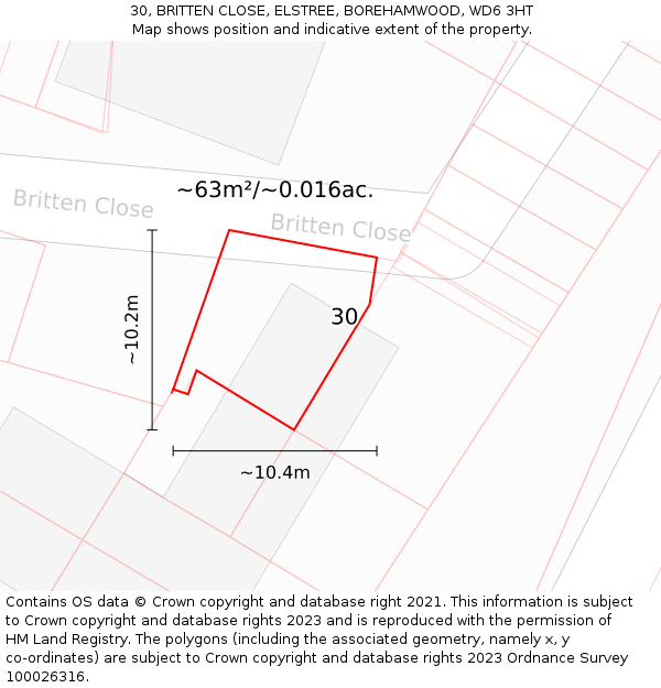 30, BRITTEN CLOSE, ELSTREE, BOREHAMWOOD, WD6 3HT: Plot and title map