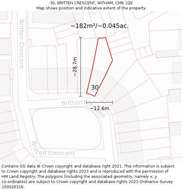 30, BRITTEN CRESCENT, WITHAM, CM8 1QE: Plot and title map
