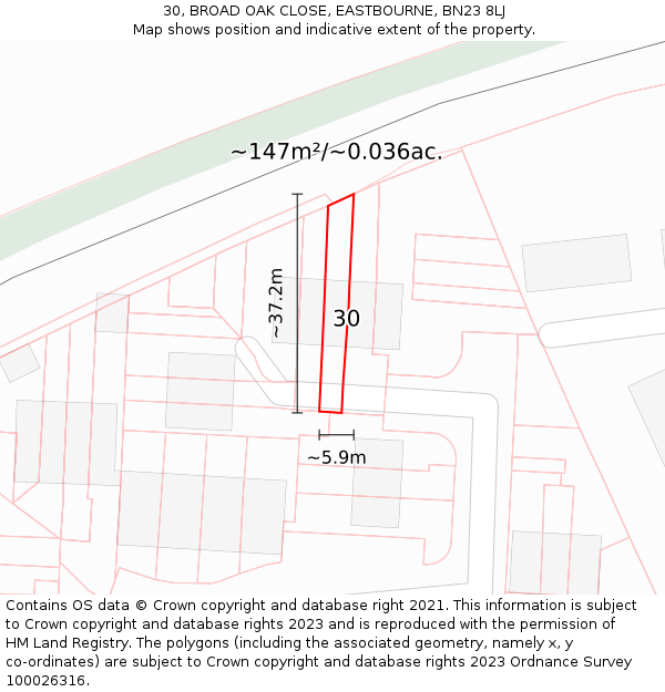30, BROAD OAK CLOSE, EASTBOURNE, BN23 8LJ: Plot and title map