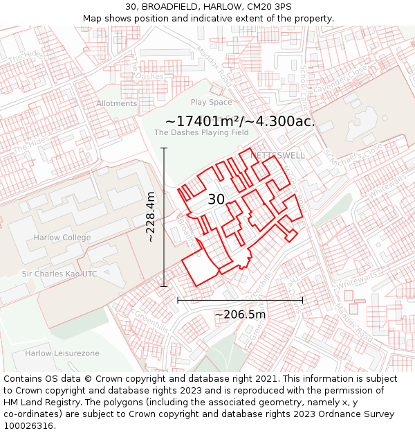 30, BROADFIELD, HARLOW, CM20 3PS: Plot and title map