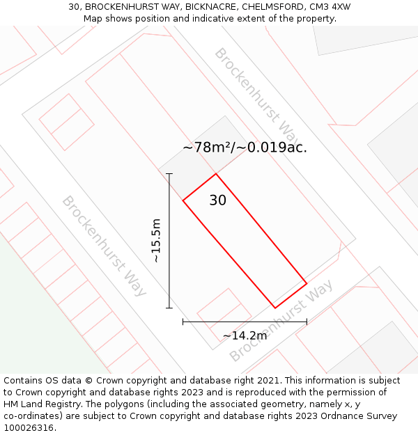 30, BROCKENHURST WAY, BICKNACRE, CHELMSFORD, CM3 4XW: Plot and title map