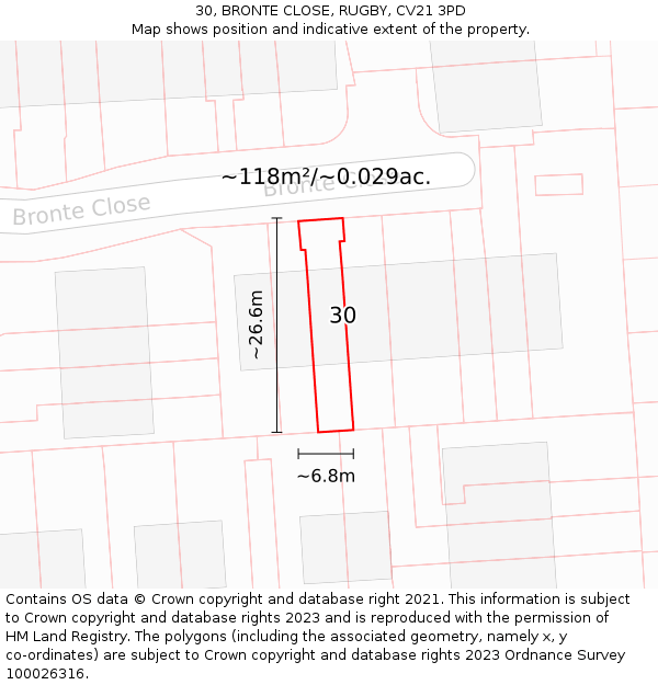 30, BRONTE CLOSE, RUGBY, CV21 3PD: Plot and title map