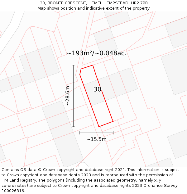 30, BRONTE CRESCENT, HEMEL HEMPSTEAD, HP2 7PR: Plot and title map