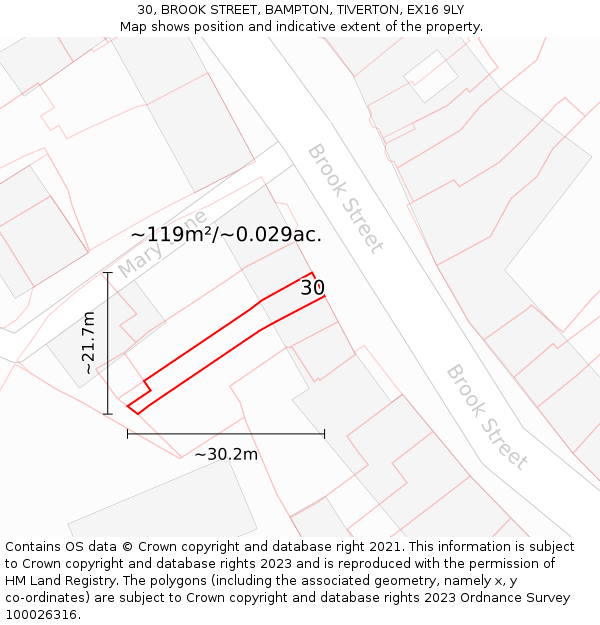 30, BROOK STREET, BAMPTON, TIVERTON, EX16 9LY: Plot and title map