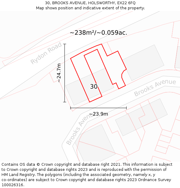 30, BROOKS AVENUE, HOLSWORTHY, EX22 6FQ: Plot and title map
