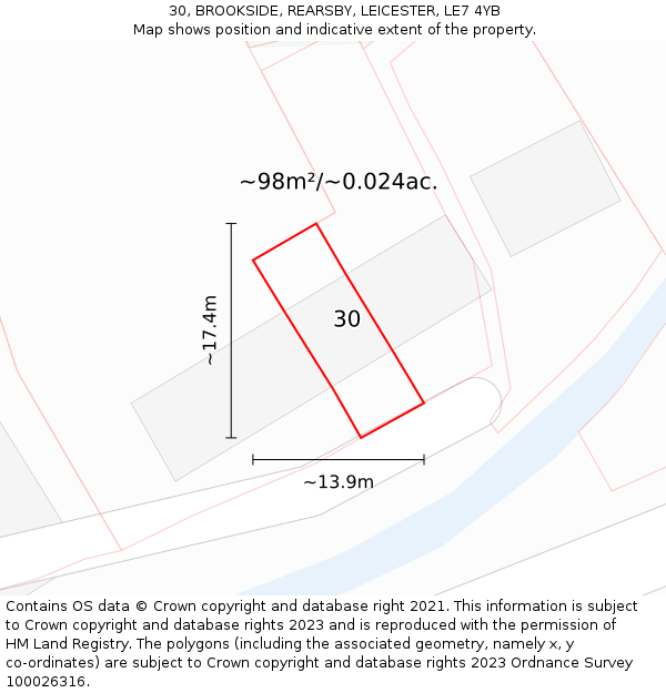 30, BROOKSIDE, REARSBY, LEICESTER, LE7 4YB: Plot and title map