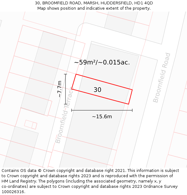 30, BROOMFIELD ROAD, MARSH, HUDDERSFIELD, HD1 4QD: Plot and title map