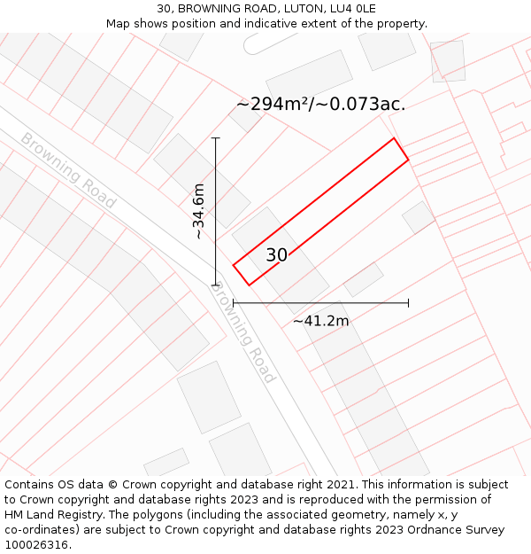 30, BROWNING ROAD, LUTON, LU4 0LE: Plot and title map