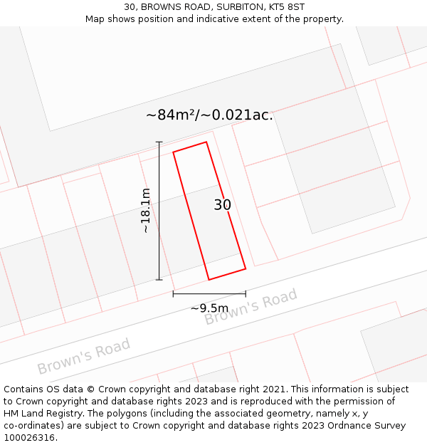 30, BROWNS ROAD, SURBITON, KT5 8ST: Plot and title map