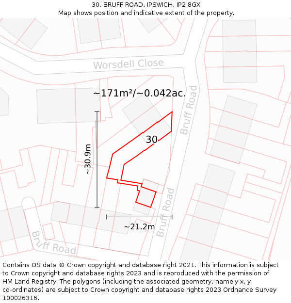 30, BRUFF ROAD, IPSWICH, IP2 8GX: Plot and title map
