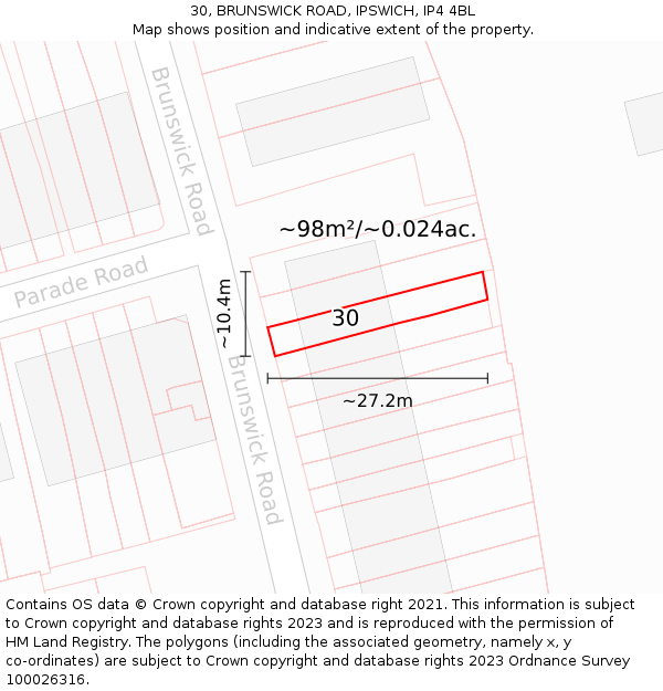 30, BRUNSWICK ROAD, IPSWICH, IP4 4BL: Plot and title map