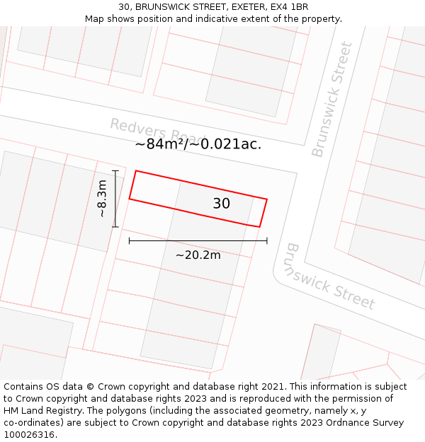 30, BRUNSWICK STREET, EXETER, EX4 1BR: Plot and title map