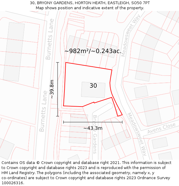 30, BRYONY GARDENS, HORTON HEATH, EASTLEIGH, SO50 7PT: Plot and title map