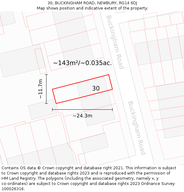 30, BUCKINGHAM ROAD, NEWBURY, RG14 6DJ: Plot and title map