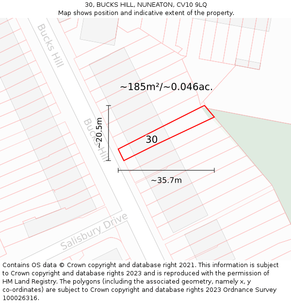 30, BUCKS HILL, NUNEATON, CV10 9LQ: Plot and title map
