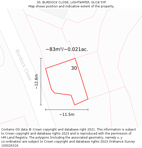 30, BURDOCK CLOSE, LIGHTWATER, GU18 5YP: Plot and title map