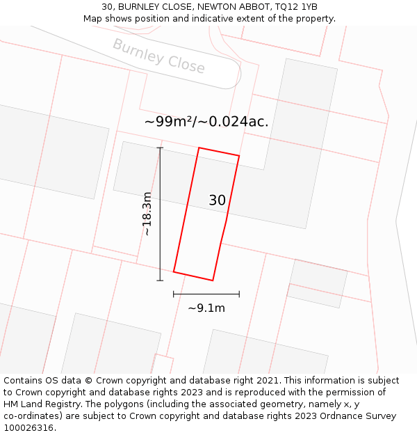 30, BURNLEY CLOSE, NEWTON ABBOT, TQ12 1YB: Plot and title map