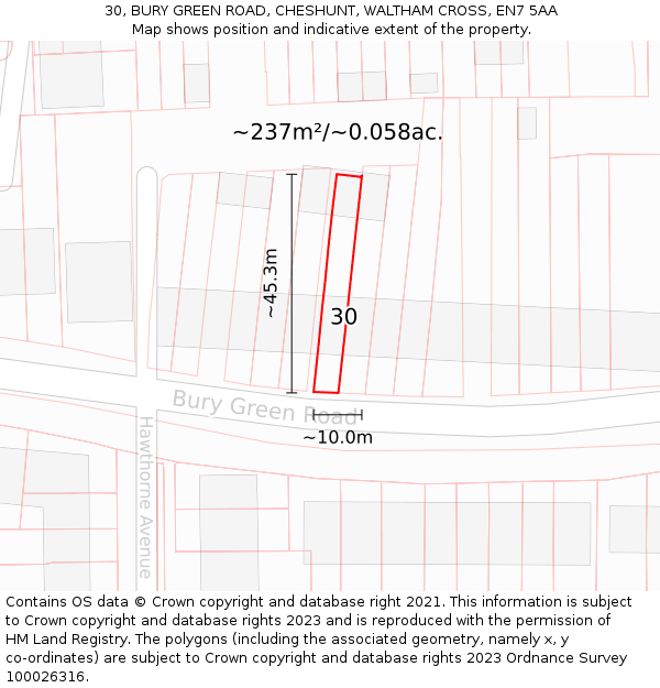 30, BURY GREEN ROAD, CHESHUNT, WALTHAM CROSS, EN7 5AA: Plot and title map