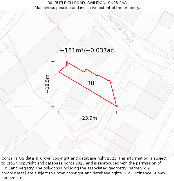 30, BUTLEIGH ROAD, SWINDON, SN25 2AA: Plot and title map