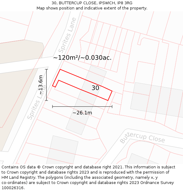 30, BUTTERCUP CLOSE, IPSWICH, IP8 3RG: Plot and title map