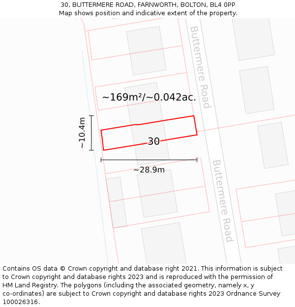 30, BUTTERMERE ROAD, FARNWORTH, BOLTON, BL4 0PP: Plot and title map