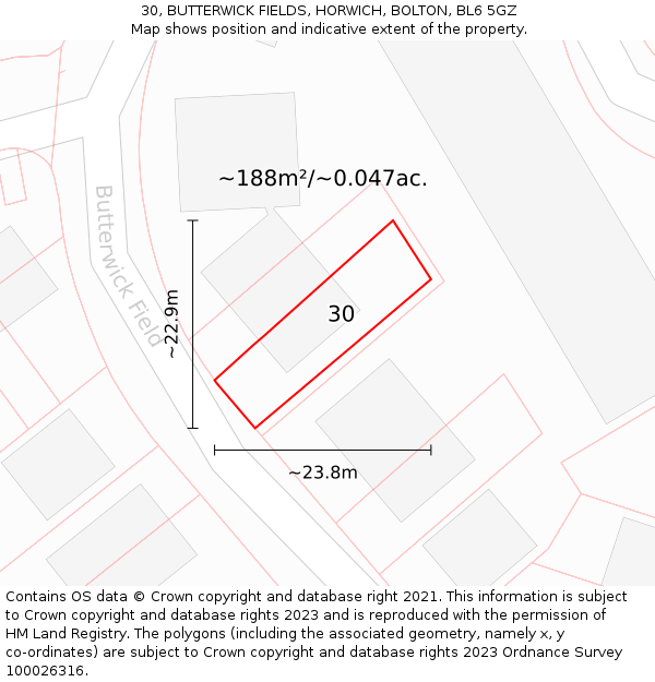 30, BUTTERWICK FIELDS, HORWICH, BOLTON, BL6 5GZ: Plot and title map
