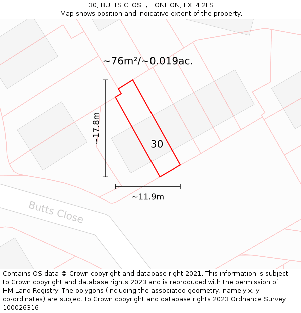 30, BUTTS CLOSE, HONITON, EX14 2FS: Plot and title map