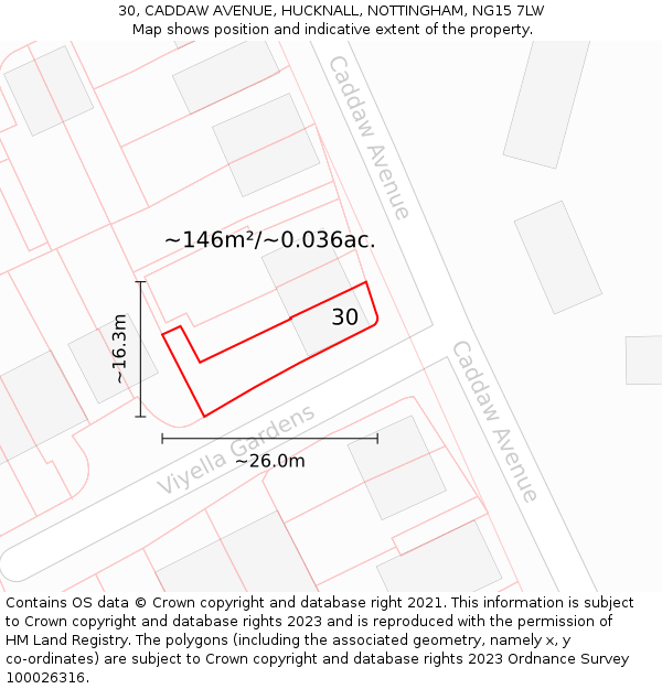 30, CADDAW AVENUE, HUCKNALL, NOTTINGHAM, NG15 7LW: Plot and title map