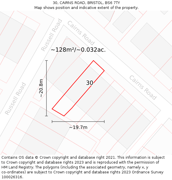 30, CAIRNS ROAD, BRISTOL, BS6 7TY: Plot and title map