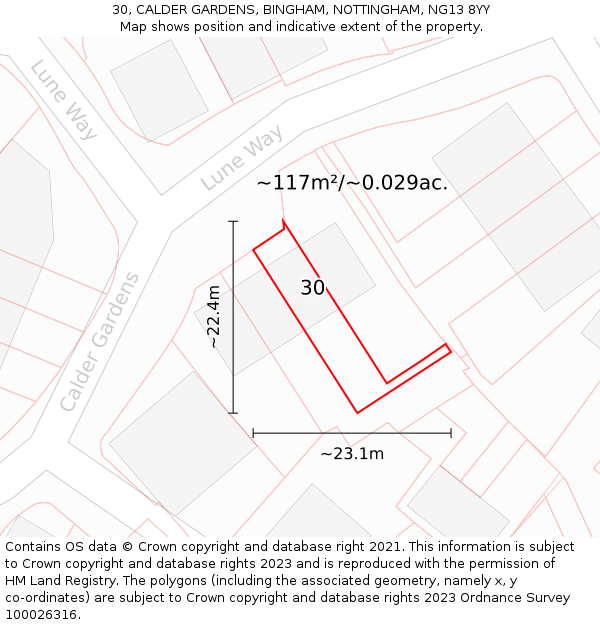 30, CALDER GARDENS, BINGHAM, NOTTINGHAM, NG13 8YY: Plot and title map