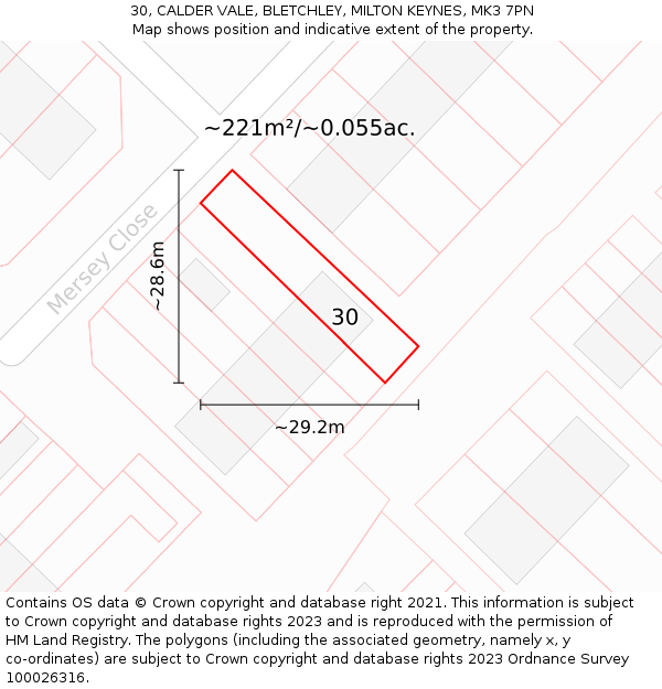 30, CALDER VALE, BLETCHLEY, MILTON KEYNES, MK3 7PN: Plot and title map
