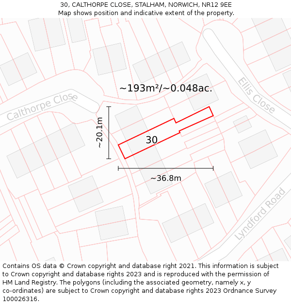 30, CALTHORPE CLOSE, STALHAM, NORWICH, NR12 9EE: Plot and title map