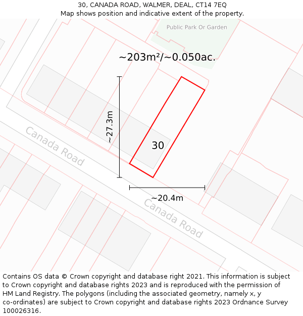 30, CANADA ROAD, WALMER, DEAL, CT14 7EQ: Plot and title map