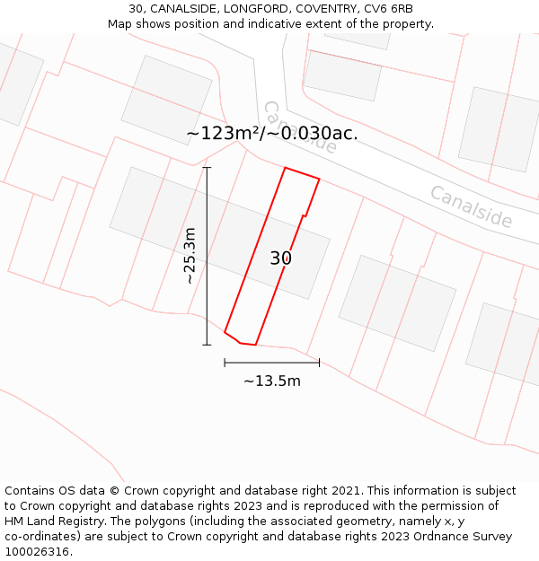 30, CANALSIDE, LONGFORD, COVENTRY, CV6 6RB: Plot and title map