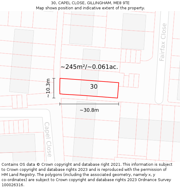 30, CAPEL CLOSE, GILLINGHAM, ME8 9TE: Plot and title map