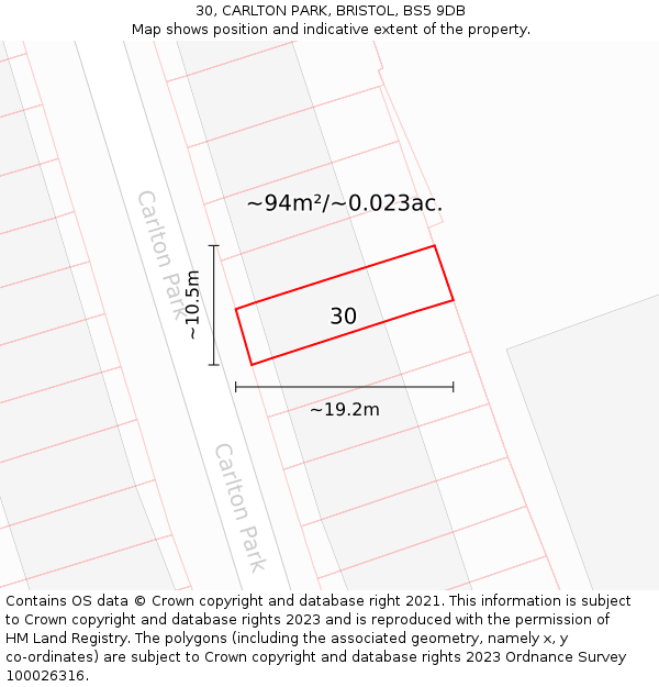 30, CARLTON PARK, BRISTOL, BS5 9DB: Plot and title map