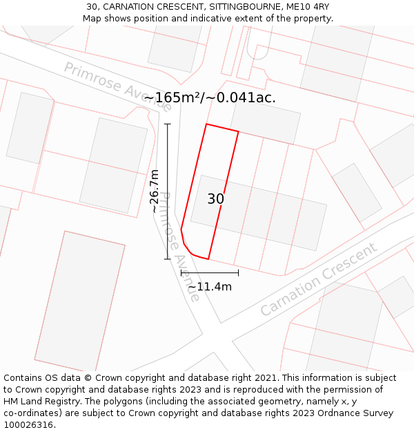 30, CARNATION CRESCENT, SITTINGBOURNE, ME10 4RY: Plot and title map