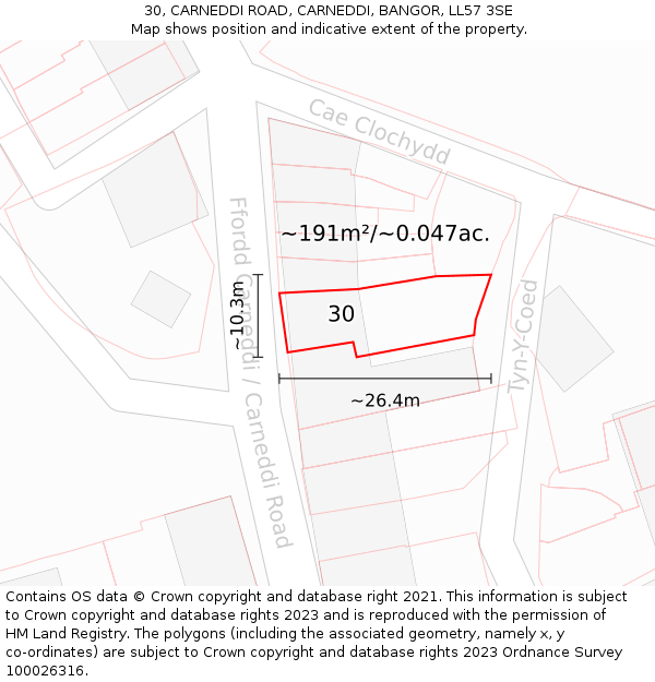 30, CARNEDDI ROAD, CARNEDDI, BANGOR, LL57 3SE: Plot and title map