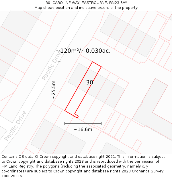 30, CAROLINE WAY, EASTBOURNE, BN23 5AY: Plot and title map
