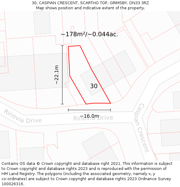 30, CASPIAN CRESCENT, SCARTHO TOP, GRIMSBY, DN33 3RZ: Plot and title map
