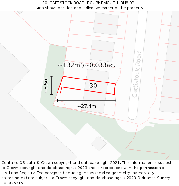 30, CATTISTOCK ROAD, BOURNEMOUTH, BH8 9PH: Plot and title map