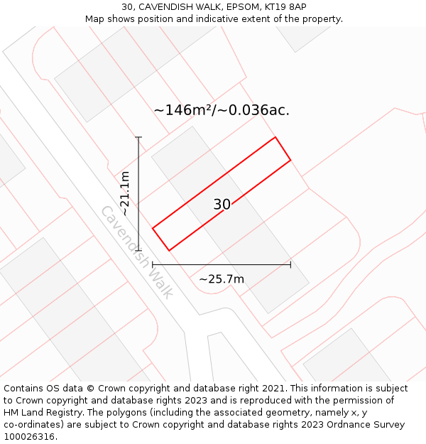 30, CAVENDISH WALK, EPSOM, KT19 8AP: Plot and title map