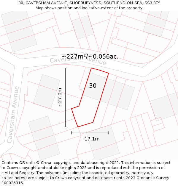 30, CAVERSHAM AVENUE, SHOEBURYNESS, SOUTHEND-ON-SEA, SS3 8TY: Plot and title map