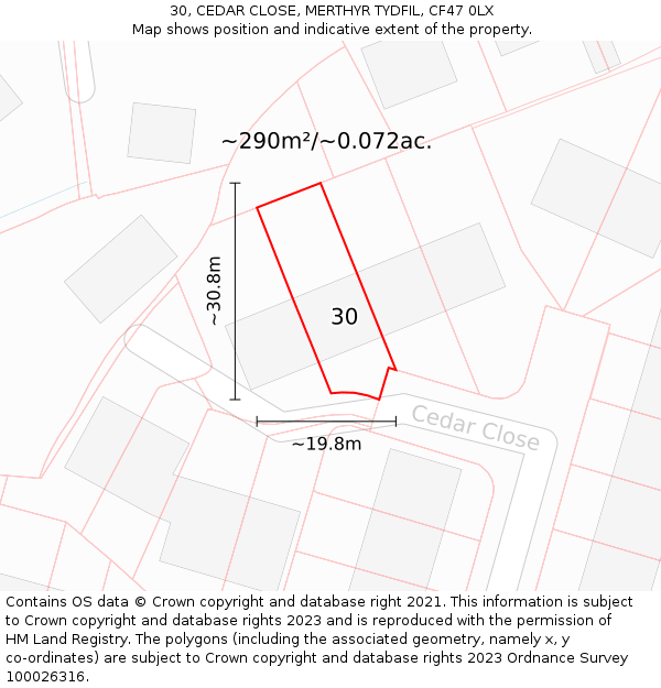 30, CEDAR CLOSE, MERTHYR TYDFIL, CF47 0LX: Plot and title map