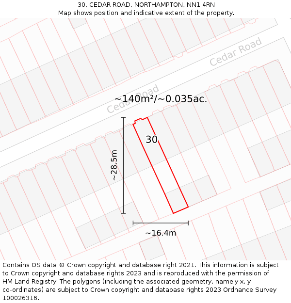 30, CEDAR ROAD, NORTHAMPTON, NN1 4RN: Plot and title map