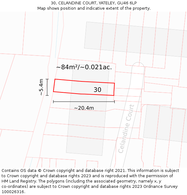 30, CELANDINE COURT, YATELEY, GU46 6LP: Plot and title map